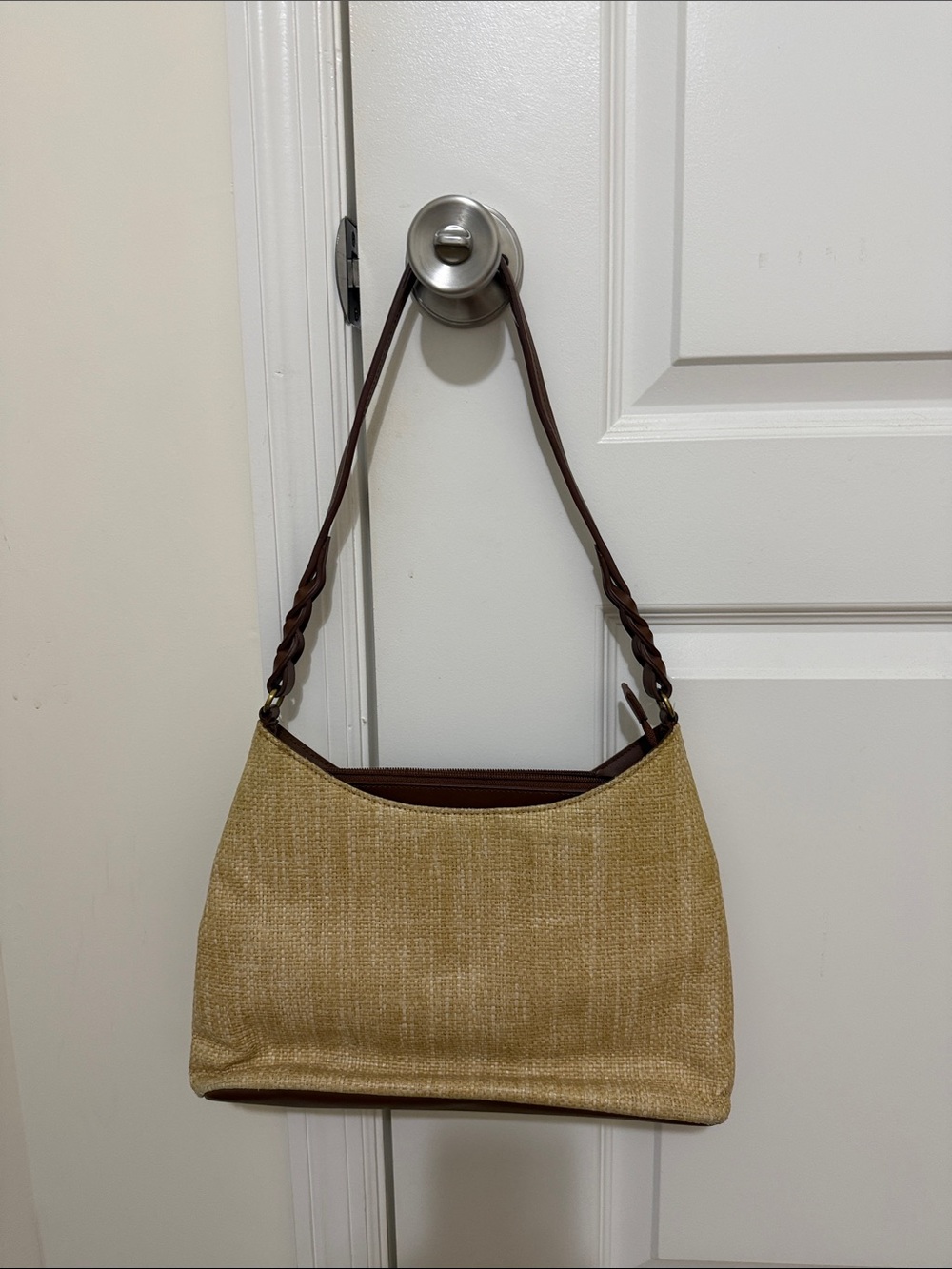 Etienne Aigner Woven Straw Shoulder Bag with Brown Leather Trim